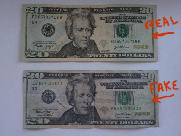 Real and fake $20 bills